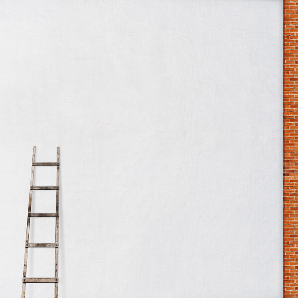 weathered brick wall with a wooden ladder