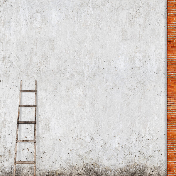 weathered brick wall with a wooden ladder