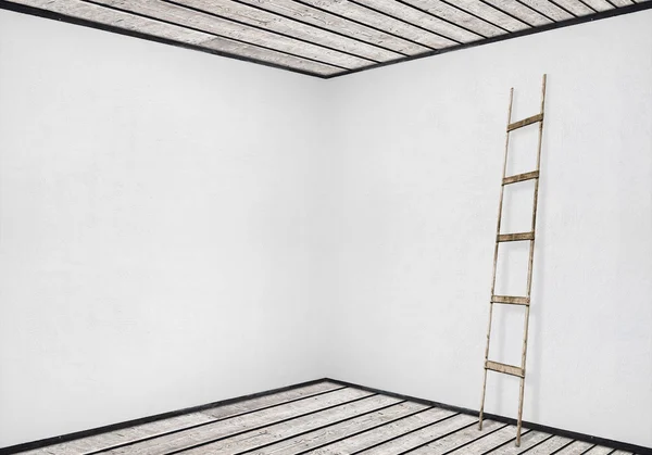 Pared blanca con escalera de madera —  Fotos de Stock