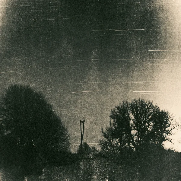 Stork nest pole surrounded by trees at night, vintage grunge picture — Stock Photo, Image