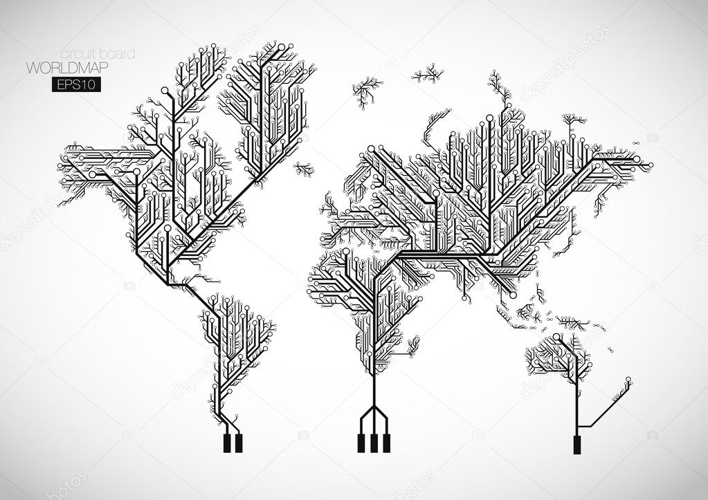 Circuit board world map vector background.