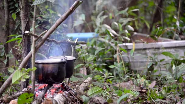 Cocinar en una fogata — Vídeo de stock