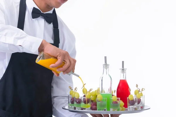 Closeup Waiter Holding Tray Mixing Liquor Glass Shots Grapes Light — Stock Photo, Image
