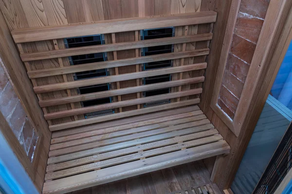 Intérieur Sauna Infrarouge Vue Rapprochée Murs Banc Bois Radiateurs Céramique — Photo