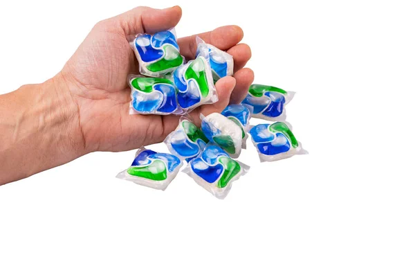 Close Weergave Van Kleurrijke Vaatwasser Capsules Mannelijke Hand Witte Achtergrond — Stockfoto