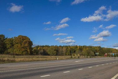 Güzel sonbahar manzarası. Asfalt yol sarı ağaçlar ve mavi gökyüzü beyaz bulutlar arka plan. 