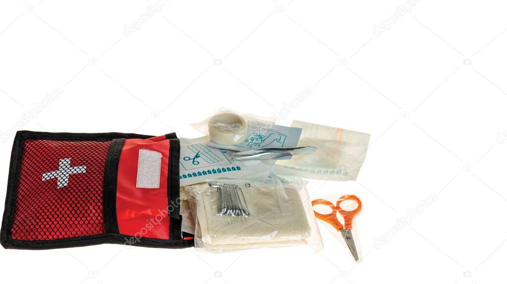Close up view of first aid kit isolated on white background. Safety concept.