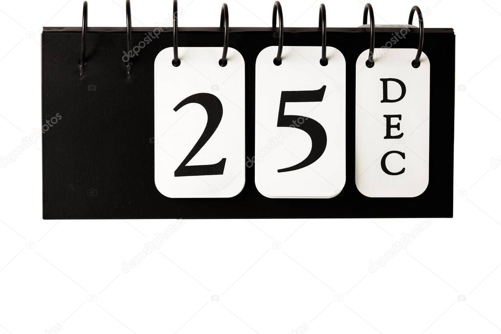 Close up view of calendar with selected date 25 December. Christmas concept.