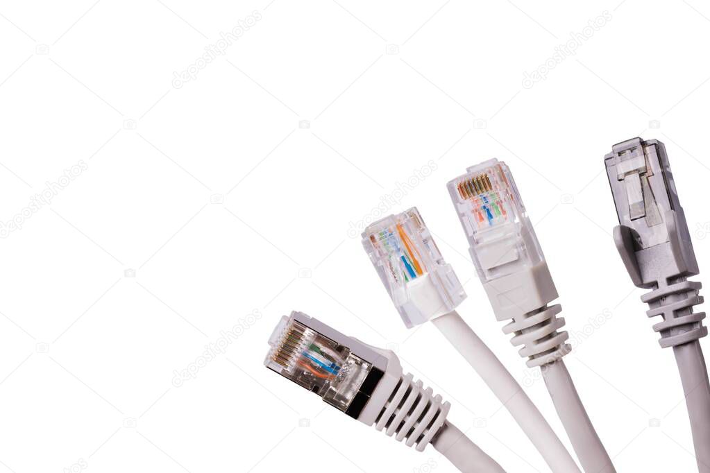 Close up view of cable network connection, internet communication and computer technology concept isolated on white background.