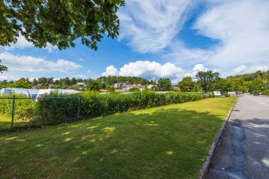 Güzel doğa manzarası. Asfalt yolu yeşil çalılarla çevrili..