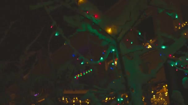 Gyönyörű Kilátás Színes Karácsonyi Világítás Hóval Borított — Stock videók