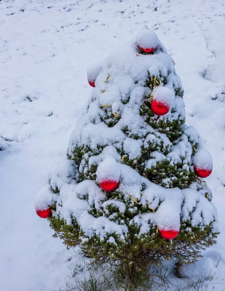 Vista Cerca Árbol Navidad Cubierto Nieve Con Juguetes Concepto Navideño — Foto de Stock