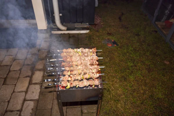 Vista Perto Grelha Ferro Com Carne Conceito Cozinha Alimentos Livre — Fotografia de Stock