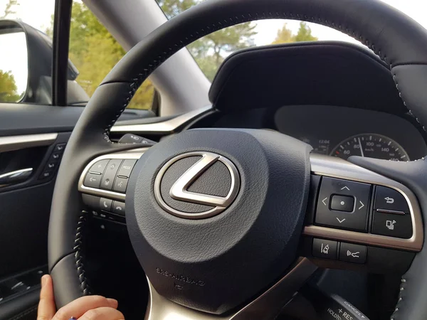 Close View Female Hand Steering Wheel Lexus Car Vehicle Concept — Stock Photo, Image