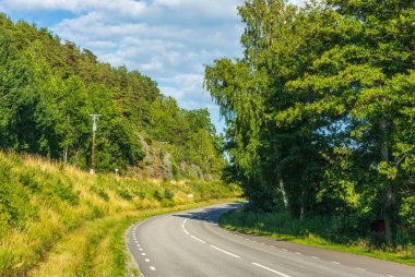 Güzel bir yaz manzarası. Asfalt yolu yeşil ağaçlar ve mavi gökyüzünde beyaz bulutlarla çevrili bitkilerle çevrili. İsveç.