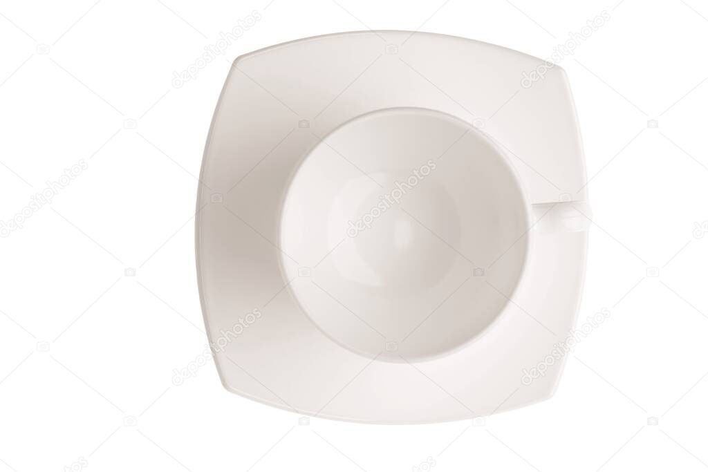 Close up top view set of porcelain white crockery for coffee isolated on white background. Healthy food concept.