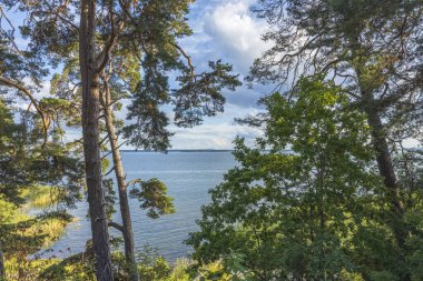 Beyaz bulutlarla kaplı güzel Baltık deniz manzarası. Güzel yaz doğası geçmişi. İsveç.