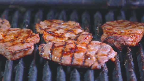 Close Zicht Biefstuk Grillen Proces Voedsel Gezondheidsconcept — Stockvideo