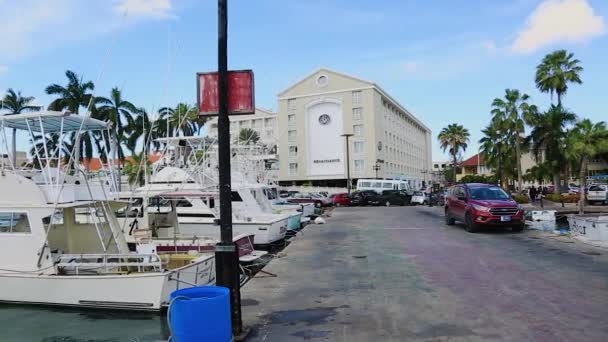 Vista Una Costa Con Auto Parcheggiate Barche Sfondo Cielo Blu — Video Stock