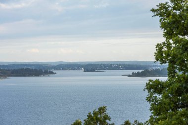 Baltık Denizi manzaralı güzel doğa manzarası. Mavi gökyüzündeki yeşil orman ağaçlarının tepeleri ve güneşli yaz gününde beyaz bulutların arkaplanı. İsveç.