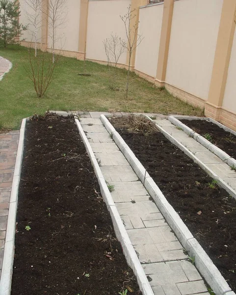 Vista Las Camas Jardín Para Plantar Verduras Principios Primavera Concepto — Foto de Stock