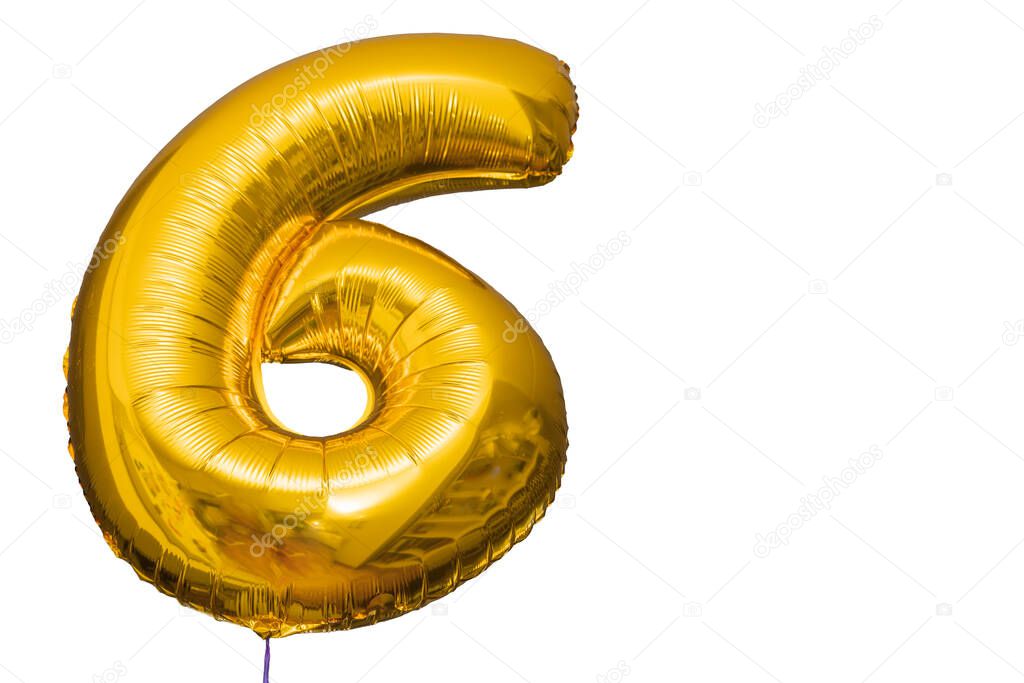 Close up view of balloon in form of number six isolated on white background.