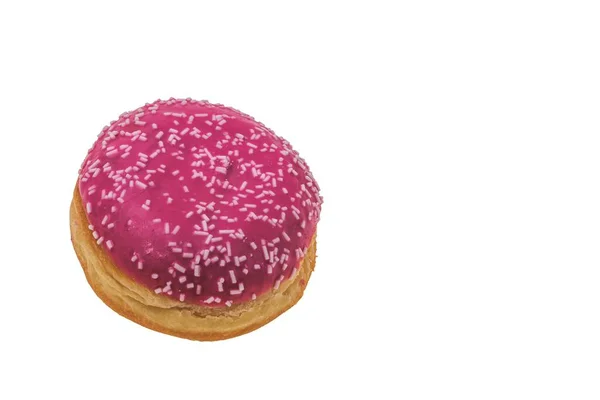 Vista Perto Donut Rosa Polvilhado Com Esmalte Branco Isolado Sobre — Fotografia de Stock