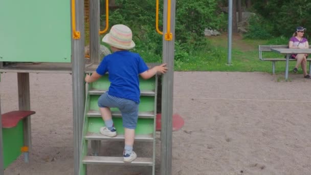 Cute Dziecko Wspinaczka Zjeżdżalni Dla Dzieci Pięknym Parku Przyrody — Wideo stockowe