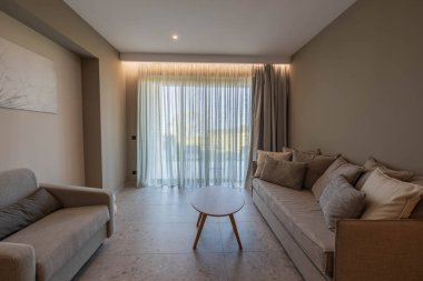 Beautiful interior view of contemporary hotel room. Greece. Nea Potidaea. 07.20.2021.