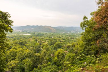 Soluk gökyüzü arka planında güzel yeşil doğa manzarası. Yunanistan. 