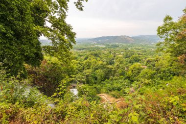 Soluk gökyüzü arka planında güzel yeşil doğa manzarası. Yunanistan. 