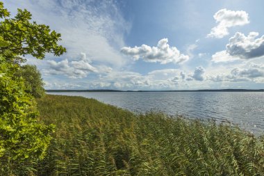 İnanılmaz yaz manzarası manzarası. Mavi gökyüzünde beyaz bulutlu göl kıyısı. İsveç. 