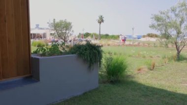 Otel odasından Seaview. Mavi gökyüzü arka planında yanmış çimenler. Yunanistan. Nea Potidaea.