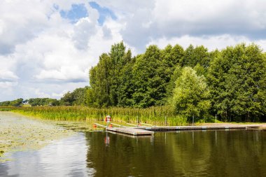 Gölde güzel bir sahil manzarası ve yaz günü tekne parkı. İsveç.