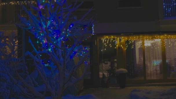 Karlı Bir Aralık Akşamı Noel Dekore Edilmiş Konak Evinin Güzel — Stok video