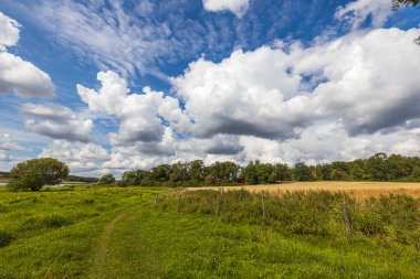 İnanılmaz yaz manzarası manzarası. Mavi gökyüzünde beyaz bulutlu göl kıyısı. İsveç. 