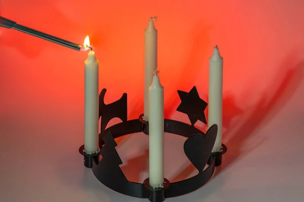 Close View Man Lights First Candle Traditional Candlesticks First Advent — Stock Photo, Image