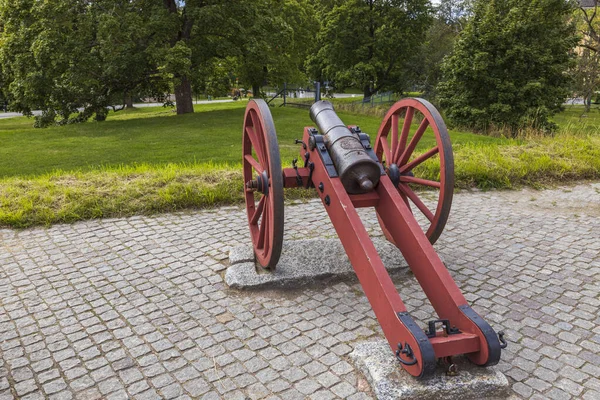 緑の植物の背景に古いヴィンテージの大砲のビューを閉じます 歴史的背景 スウェーデン — ストック写真
