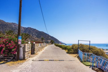 Ege Denizi boyunca uzanan güzel bir yol manzarası. Arka planda çiçekler ve palmiye ağaçları var. Güneşli dağ manzarası. Yunanistan. Kos. 