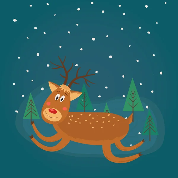 크리스마스 순록이 달리는 나무와 눈송이로 뒤덮인 크리스마스 디자인에 귀여운 — 스톡 벡터