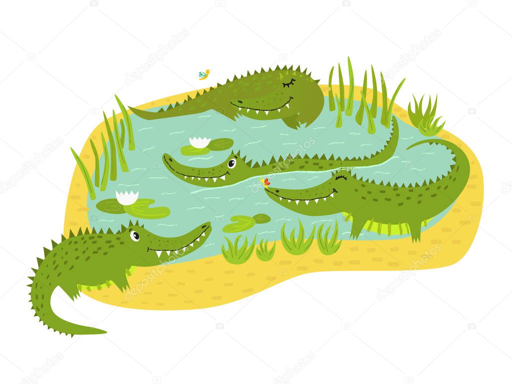Beautiful vector composition, four cute crocodiles lying around water. Nice animals for kids designs. Illustration for prints, postcards, wall art, books, and other 