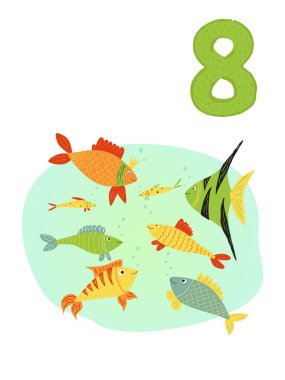 Birden ona kadar sayıyorum. 8 numara, renkli resimli sayfa. Yüzen balıklar. Kitaplar, kartlar, posterler için kompozisyon
