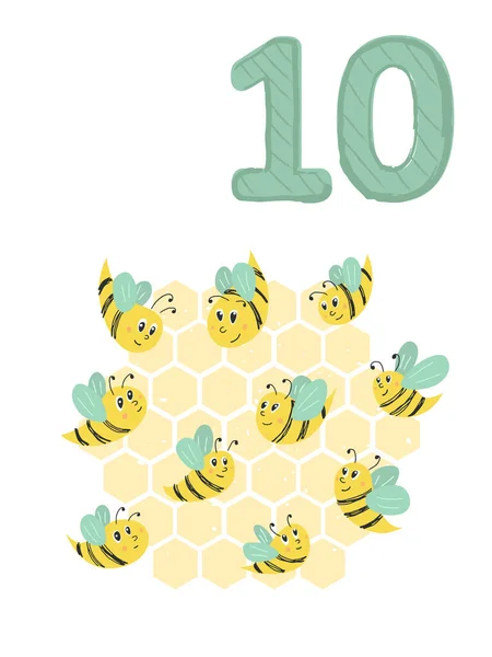 Tellen Van Tot Nummer Pagina Met Kleurrijke Illustratie Bijen Honing — Stockvector