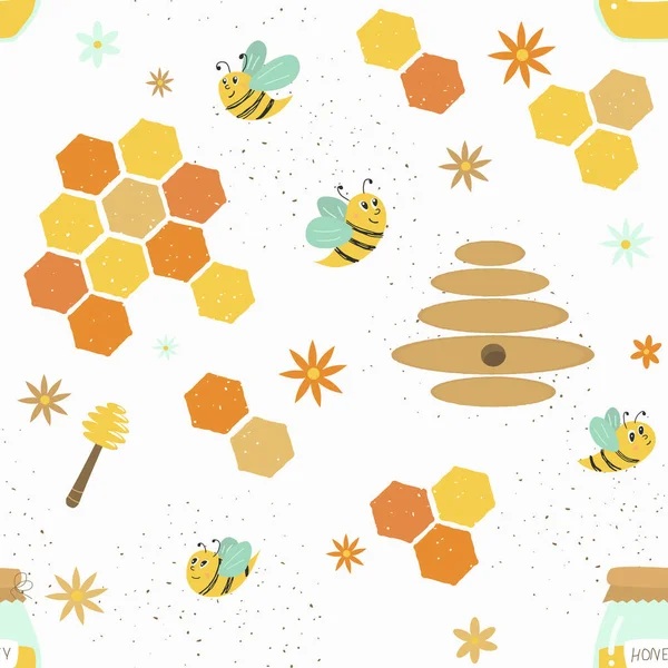 Vector Naadloos Patroon Met Bijen Honingraat Honingkruik Textuur Helder Ornament — Stockvector