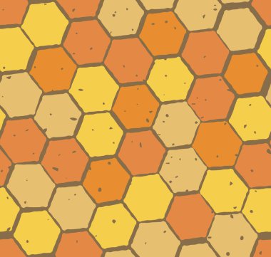 Vektör kusursuz desen, dokusu altıgen ızgarası. Renkli sarı, kırmızı ve turuncu bal petekleri. Ambalaj ve arka planlar için geometrik şablon. Kumaşlar, tekstil ve hatıra defteri