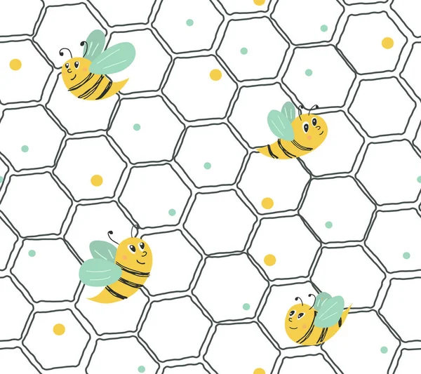 Vector Naadloos Patroon Met Bijen Zwart Wit Honingraat Honingkruik Textuur — Stockvector