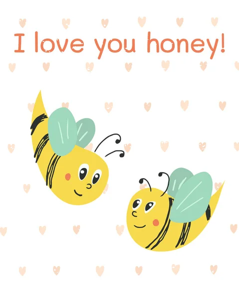 ハチとベクトルイラストグリーティングカード 言葉で構成私は蜂蜜を愛しています カード ポスター プリント カバー 子供のデザインのための創造的な蜂蜜組成 ロマン主義のバレンタインデーのコンセプト — ストックベクタ