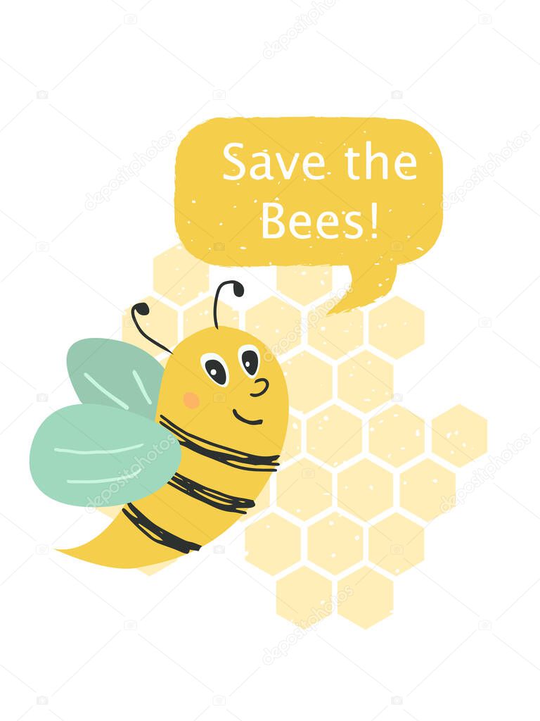 Bee with backgroung of honey combs. Vector composition with words Save the Bees. 20 May - World Bee Day concept. Illustration for ads, banners, flyers  to raise awareness of bee protection. Eps 10