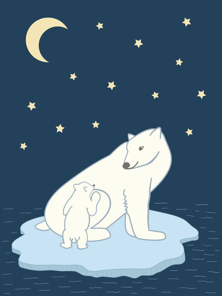 Vector illustration polar bear with little bear sitting on the drifting ice-floe under moon and stars. Mother and child tender concept. International polar day concept