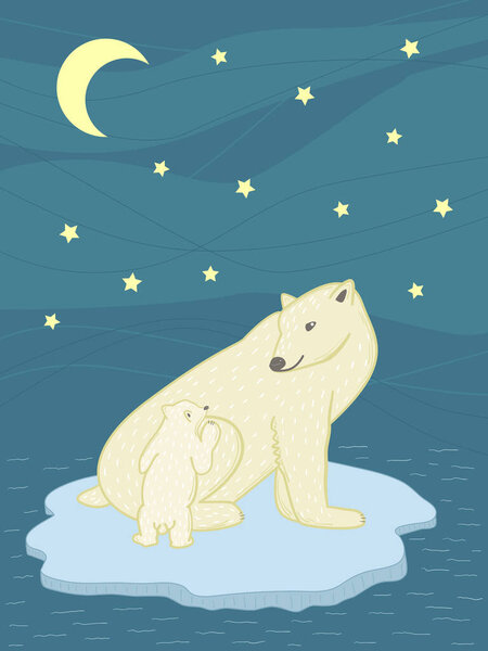 Vector illustration polar bear with little bear sitting on the drifting ice-floe under moon and stars. Mother and child tender concept. International polar bear day concept